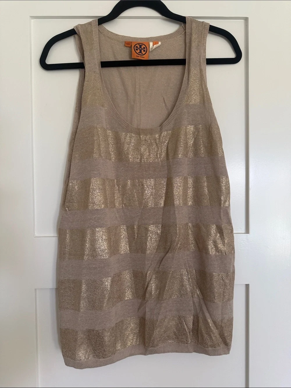 Tory Burch Beige and Gold Metallic Stripe Tank